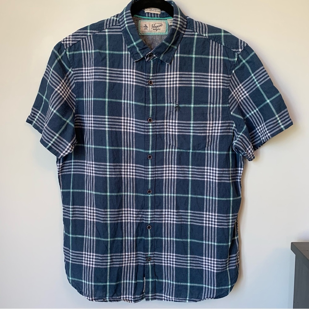 LINEN ORIGINAL PENGUIN BLUE PLAID HERITAGE SLIM FIT SHORT SLEEVE BUTTON UP SHIRT